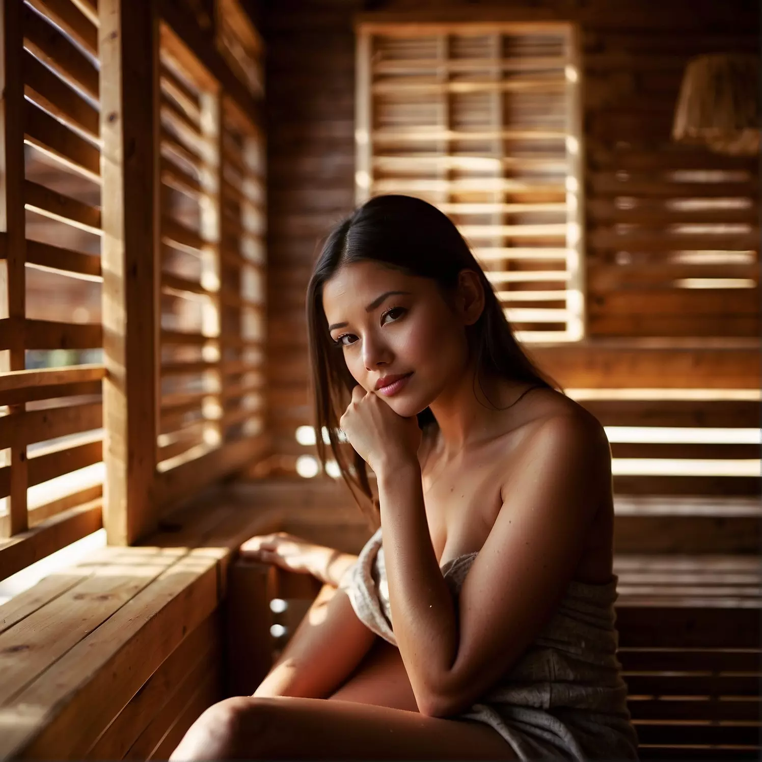 Mujer meditando en sauna